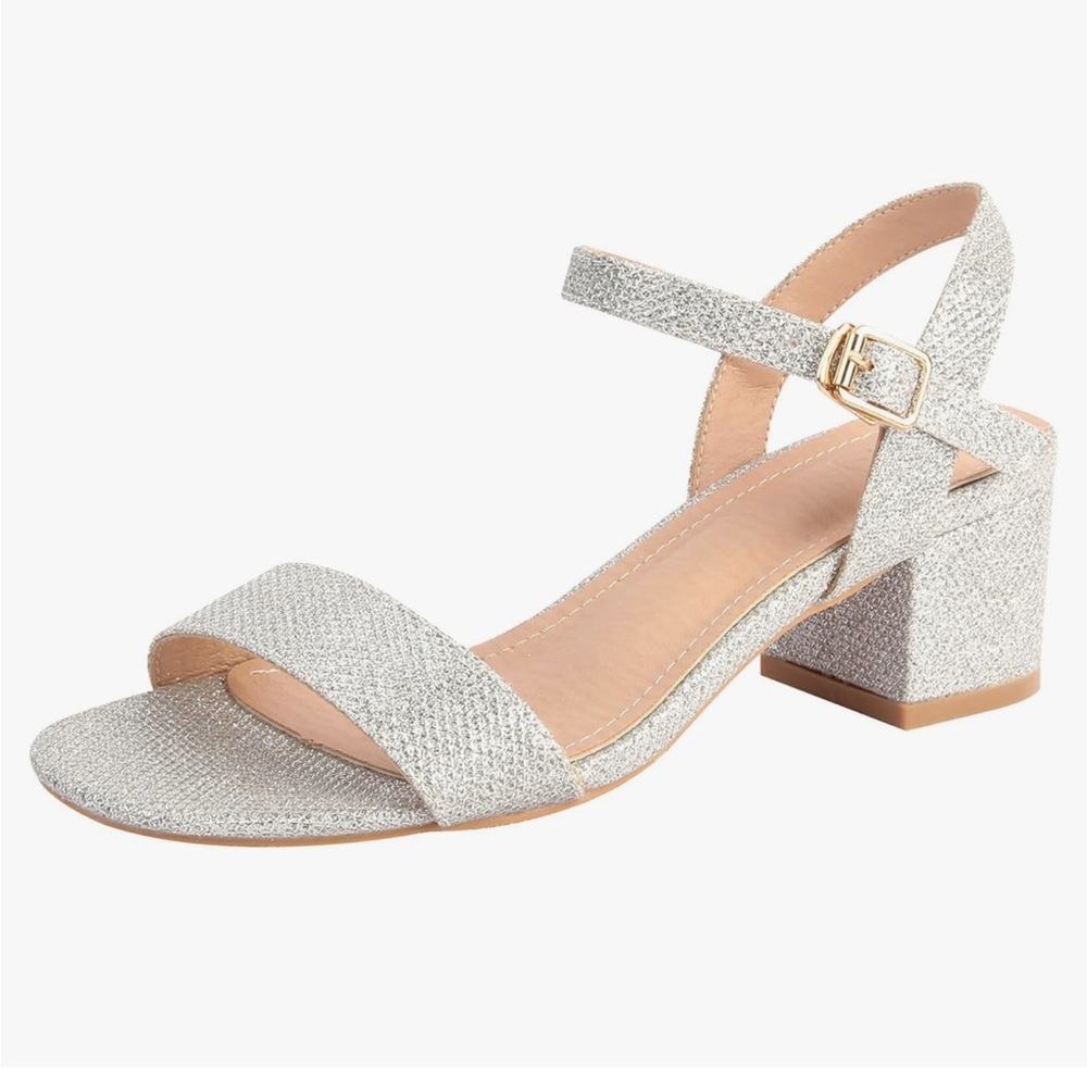 Silver Metallic Ankle Strap Block Heel Sandals